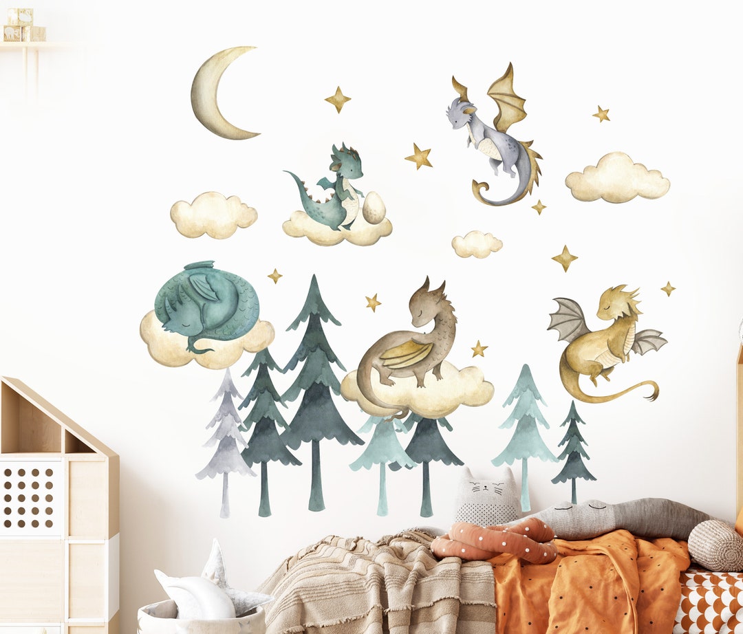 Dragon Watercolor Wall Decal Kids Nursery Room Forest Wall Decor Cute ...