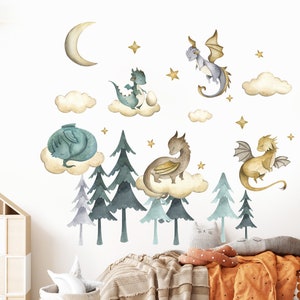 Dragon Watercolor Wall Decal Kids Nursery Room Forest Wall Decor Cute ...