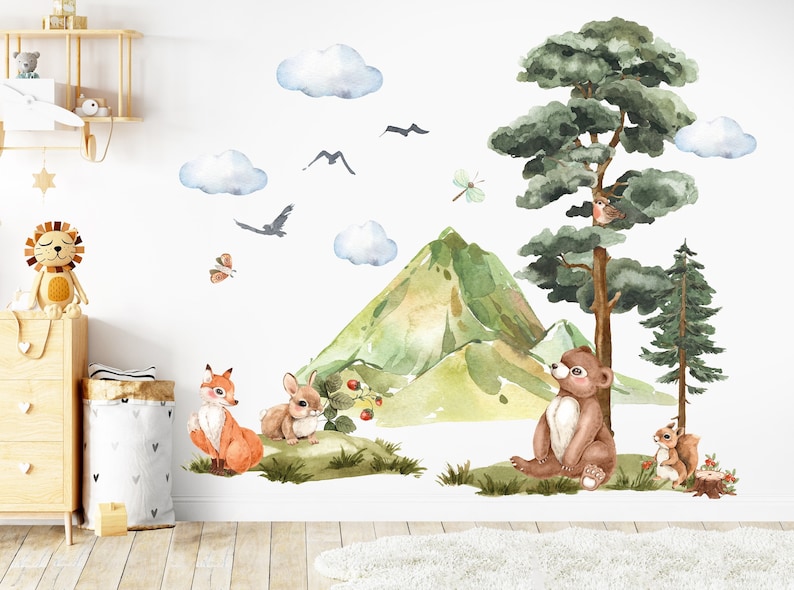 Forest Animals Wall Decal Watercolor Kids Room Forest Wall Decor ...