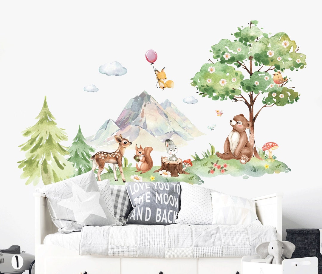 Forest Animals Wall Decal Watercolor Kids Room Decor | Deer Wall ...