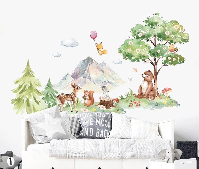 Forest Animals Wall Decal Watercolor Kids Room Decor | Deer Wall ...
