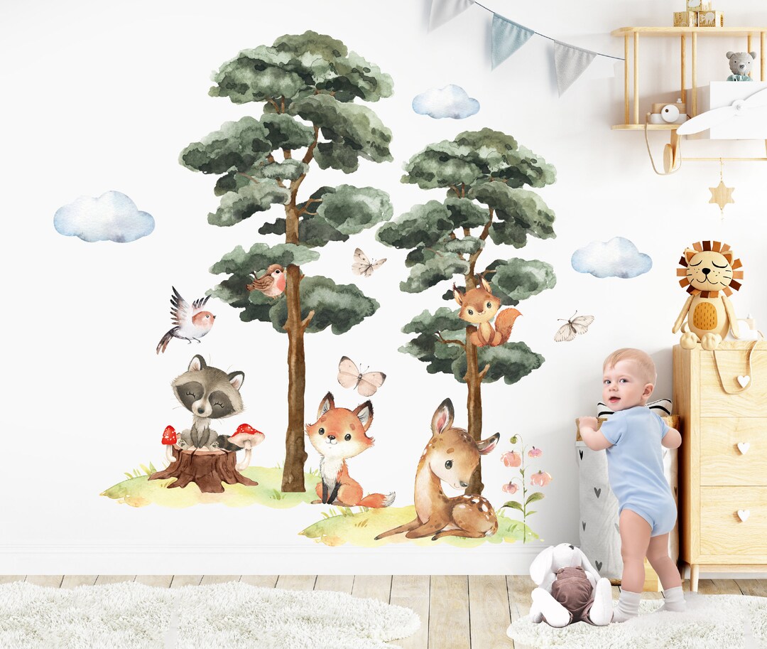 Forest Animals Wall Stickers Watercolor Raccoon Decal Woodland Theme ...