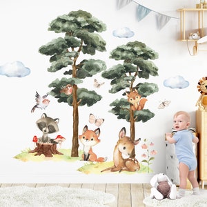 Forest Animals Wall Stickers Watercolor Raccoon Decal Woodland Theme Fox Wall Decor Art Nursery Tree Deer Peel and Stick Kids Room Gift