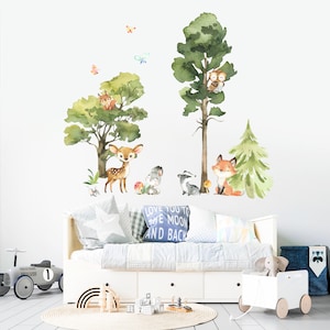 Baby Woodland Animals Wall Decal Decor Art Watercolor Forest Theme Fox Wall Stickers Nursery Tree Fox Peel and Stick Kids Room Gift
