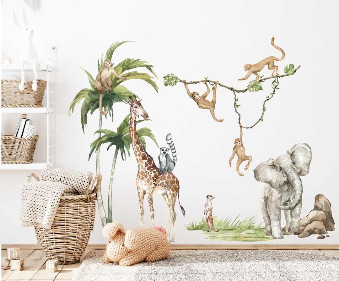 Jungle Animals Wall Stickers, Watercolor Giraffe Decals, Jungle Theme ...