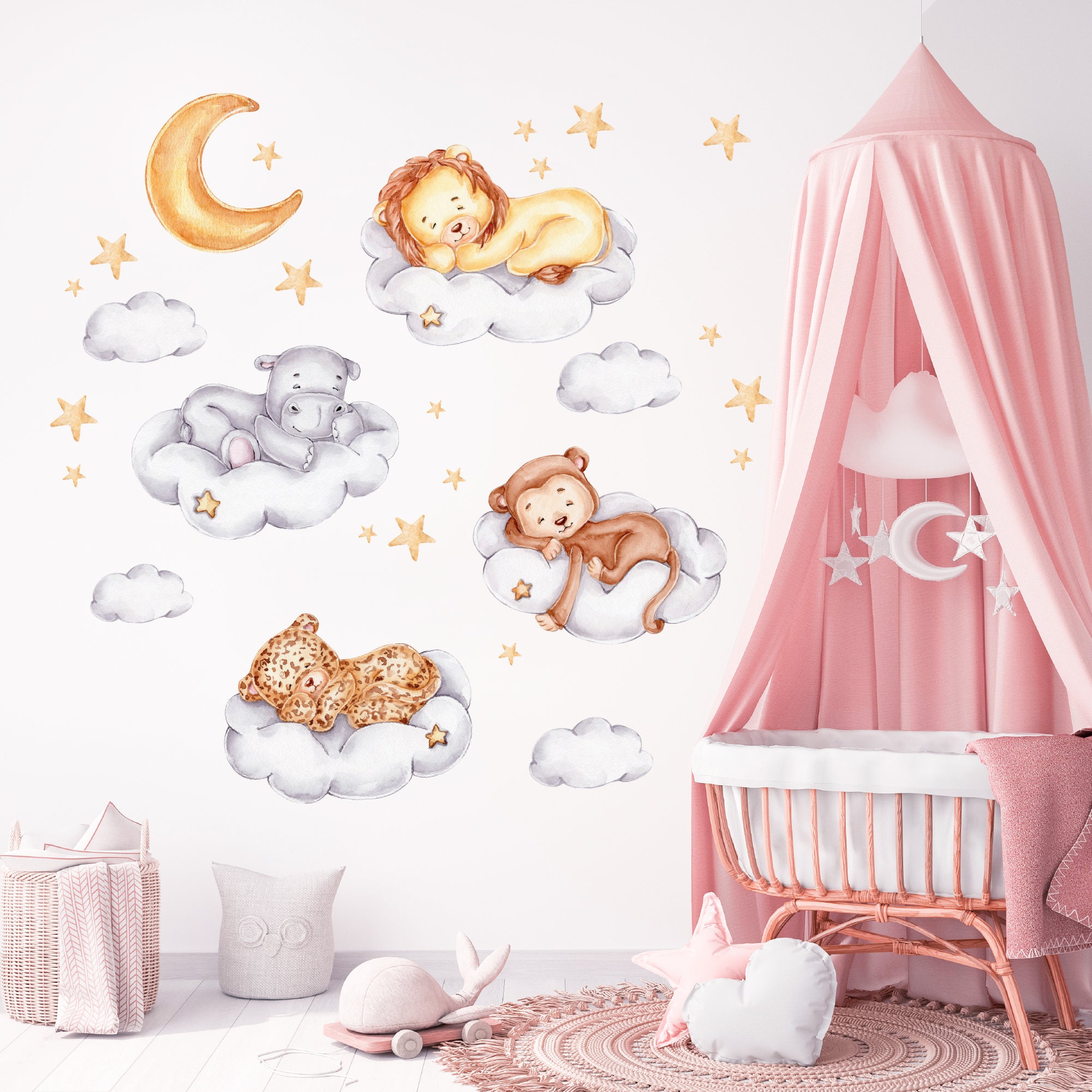 Sleeping Safari Animals Wall Decal Watercolor Lion Clouds Decor Art ...
