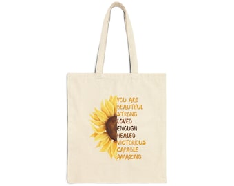 Sac fourre-tout tournesol aux affirmations positives | Fourre-tout en toile Inspiration