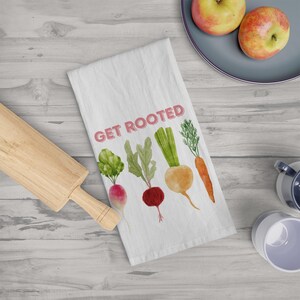 Get Rooted Colorful Watercolor Root Vegetables Tea Towel - Kitchen Decor, Cooking Gift, Farmhouse Linens, Hostess Present, Home Accessories