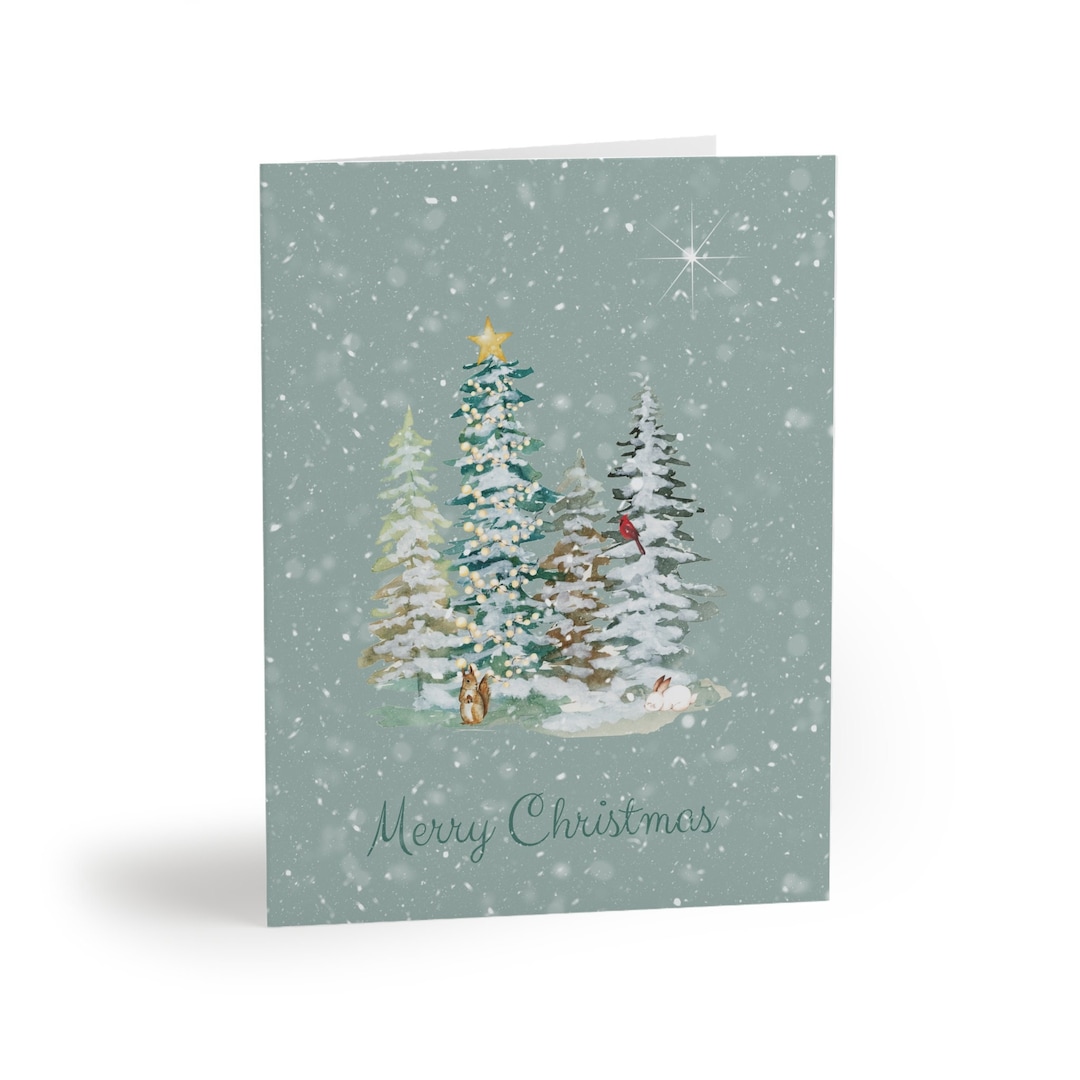 Merry Christmas Watercolor Card Snow Covered Trees Christmas Etsy