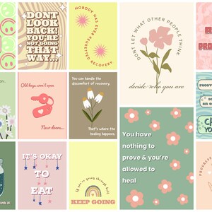 May include: A set of 12 printable digital affirmation cards with positive messages and illustrations. The cards feature a variety of colors, including pink, green, yellow, and blue. The text on the cards includes phrases such as "You deserve to be happy and free", "Don't look back! You're not going that way...", "It's okay to eat", and "Choose your hard."