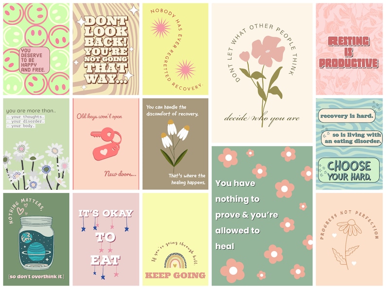 May include: A set of 12 printable digital affirmation cards with positive messages and illustrations. The cards feature a variety of colors, including pink, green, yellow, and blue. The text on the cards includes phrases such as "You deserve to be happy and free", "Don't look back! You're not going that way...", "It's okay to eat", and "Choose your hard."