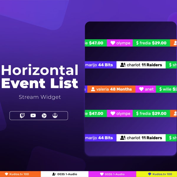 Horizontal Twitch Event Widget • Simple Minimal Event List for Twitch and YouTube Streamers (StreamElements)