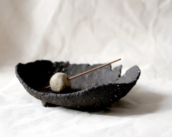 Smudging & Incense Wide Dish - Textural Black Stoneware - Wabi Sabi Zen