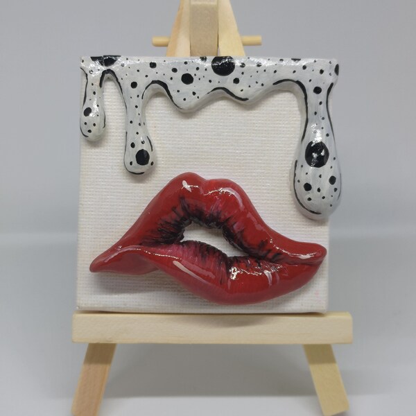 Pop Art Dream Polka Dot Drop Red Lip Polymer Clay Sculpture on Mini Canvas , Polka Dot Red Lip Polymer Clay Relief Art on Mini Canvas