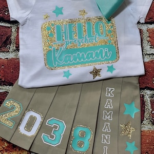 Hello preschool, Hello first grade, … Girls Back to School - Personalized Outfit - Girls T-shirt and/or Girls Pleated Skirt -- Any Grade