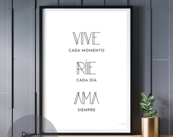 Vive, Rie, Ama frase motivadora en español para decorar tus paredes y para cualquier espacio. Regalo ideal para amigos casa nueva decoración
