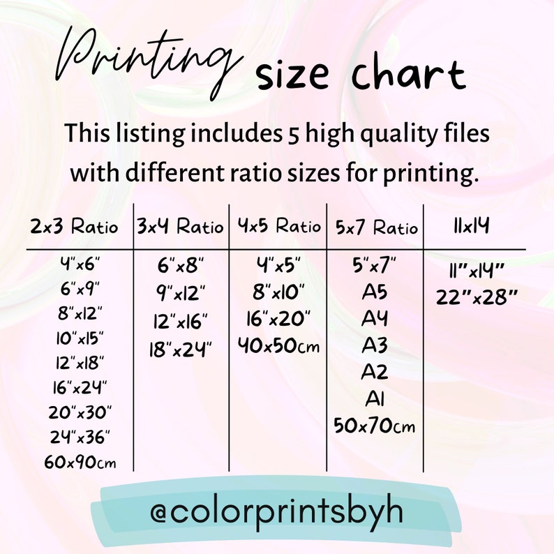 Op de afbeelding: Een tabel met verschillende afdrukformaten voor 5 beeldverhoudingen: 2x3, 3x4, 4x5, 5x7 en 11x14. De tabel bevat metingen in inches en centimeters. De tekst "@colorprintsbyh" staat onderaan de tabel.