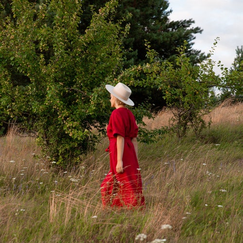 Oversized Linen Dress in Burgundy, Long Loose shops Summer Dress, Plus Size Clothing