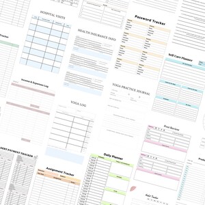 May include: A collection of printable planner pages with various categories, including health insurance, income and expenses, yoga, password tracker, self care, and productivity. The pages are designed with a simple, clean aesthetic and feature a variety of colors and fonts.