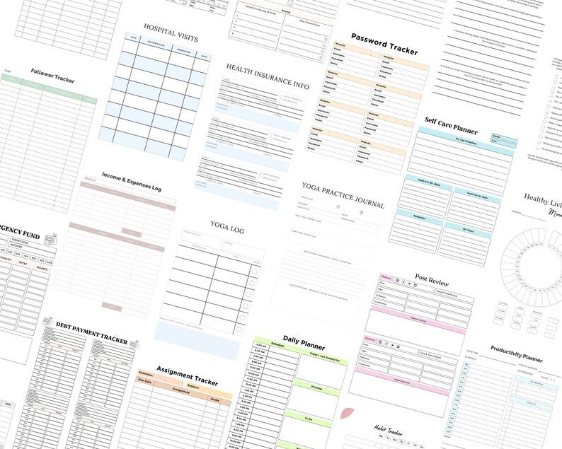 May include: A collection of printable planner pages with various categories, including health insurance, income and expenses, yoga, password tracker, self care, and productivity. The pages are designed with a simple, clean aesthetic and feature a variety of colors and fonts.