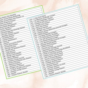 May include: A green and white printable planner checklist with a list of planner titles, including Social Media Post Monthly, 7 Day Food Dairy, and Fitness Planner Bundle.