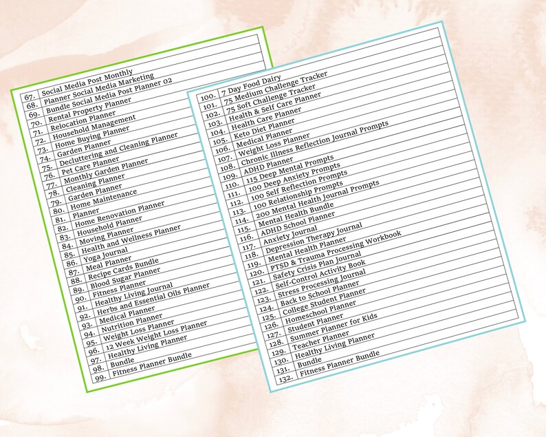 May include: A green and white printable planner checklist with a list of planner titles, including Social Media Post Monthly, 7 Day Food Dairy, and Fitness Planner Bundle.