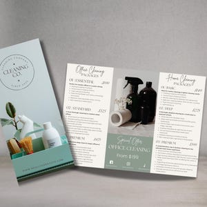 Puede incluir: Un folleto tr&iacute;ptico para una empresa de limpieza. El folleto es verde y blanco con im&aacute;genes de productos de limpieza. La parte delantera del folleto tiene el nombre de la empresa "Cleaning Co." y la direcci&oacute;n del sitio web "www.reallygreatsite.com". El folleto enumera diferentes paquetes de limpieza para el hogar y la oficina, que incluyen "Essential", "Standard", "Deep" y "Premium". El folleto tambi&eacute;n incluye una oferta especial para la limpieza de oficinas a partir de 199 &euro;.