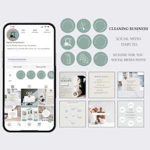 May include: A smartphone screen shows social media templates for a cleaning business. The image includes a logo, profile details, and examples of social media posts. The text reads "CLEANING BUSINESS SOCIAL MEDIA TEMPLTES 82 DONE-FOR-YOU SOCIAL MEDIA POSTS."