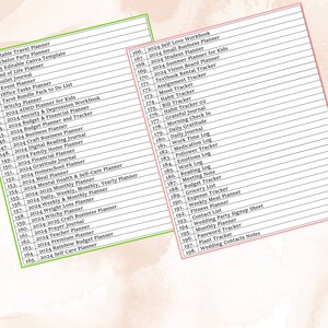 May include: A list of printable planner and journal titles for the year 2024. The list includes titles such as "Travel Planner", "Budget Planner", "Self Care Planner", "Vision Board Planner", "Habit Tracker", "Grocery List", and "Wedding Contacts Notes".