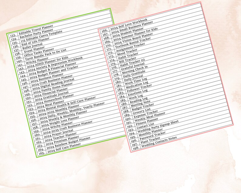May include: A list of printable planner and journal titles for the year 2024. The list includes titles such as "Travel Planner", "Budget Planner", "Self Care Planner", "Vision Board Planner", "Habit Tracker", "Grocery List", and "Wedding Contacts Notes".