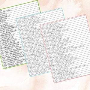 May include: A list of printable planner and journal ideas with numbers and titles. The list is divided into three columns with a pink, blue, and green background. The list includes titles such as "To Do List", "Daily Personal Planner", "Work Schedule", "Weekly Planner", "Budget Planner", "Canva Recipe Journal", "Daily Affirmations", "Sales Tracker", "Calendar Builder", "Monthly Budget Planner", "Bill Payment Tracker", "Paycheck Budget", "52 Week Saving Tracker", "Financial Tracker", "Saving Planner", "Income Tracker", "Shopping List", "Facebook Post Planner", "Twitter Post Planner", "Linkedin Post Planner", "Password Logbook", "Yoga Logbook", "Undated Digital Planner", "Mental Health and Self-Care Planner", "40 Weeks Pregnancy Journal", "Mom's Planner", "Baby Shower Notebook", "Daily Affirmation", "Daily Devotional Journal", "5 Minute Gratitude Journal", "Gratitude Journal", "Vision Board Planner", "Crystal Journal", "Moon Planner", "Spirituality and Awakening Journal", "Wedding Planner", "Home School Planner", "SINKING FUNDS TRACKER", "Self-Love Journal", "Self-Discovery Journal".