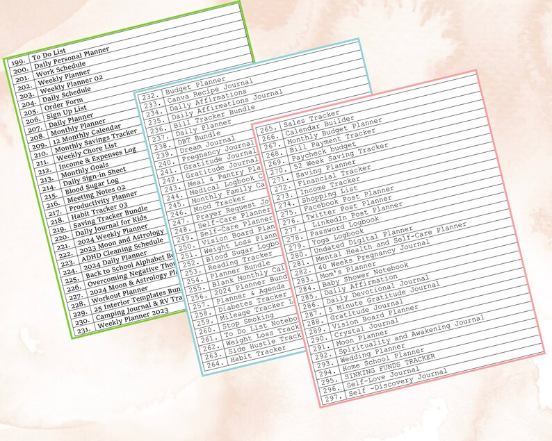 May include: A list of printable planner and journal ideas with numbers and titles. The list is divided into three columns with a pink, blue, and green background. The list includes titles such as "To Do List", "Daily Personal Planner", "Work Schedule", "Weekly Planner", "Budget Planner", "Canva Recipe Journal", "Daily Affirmations", "Sales Tracker", "Calendar Builder", "Monthly Budget Planner", "Bill Payment Tracker", "Paycheck Budget", "52 Week Saving Tracker", "Financial Tracker", "Saving Planner", "Income Tracker", "Shopping List", "Facebook Post Planner", "Twitter Post Planner", "Linkedin Post Planner", "Password Logbook", "Yoga Logbook", "Undated Digital Planner", "Mental Health and Self-Care Planner", "40 Weeks Pregnancy Journal", "Mom's Planner", "Baby Shower Notebook", "Daily Affirmation", "Daily Devotional Journal", "5 Minute Gratitude Journal", "Gratitude Journal", "Vision Board Planner", "Crystal Journal", "Moon Planner", "Spirituality and Awakening Journal", "Wedding Planner", "Home School Planner", "SINKING FUNDS TRACKER", "Self-Love Journal", "Self-Discovery Journal".