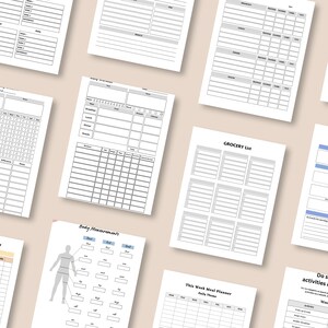 May include: A set of printable planner pages with various layouts for tracking assignments, grocery lists, meal plans, body measurements, self-care activities, and more. The pages are black and white with gray accents.