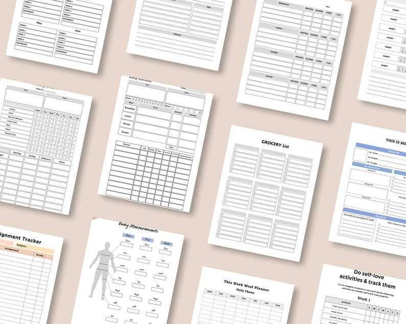 May include: A set of printable planner pages with various layouts for tracking assignments, grocery lists, meal plans, body measurements, self-care activities, and more. The pages are black and white with gray accents.
