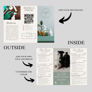 Puede incluir: Un folleto para una empresa de limpieza con un esquema de color verde y blanco. El folleto tiene un c&oacute;digo QR para reservar en l&iacute;nea, una secci&oacute;n para agregar tus propias im&aacute;genes y una lista de precios para diferentes paquetes de limpieza. El texto en el folleto dice "Cleaning Co.", "Reserva en l&iacute;nea", "Agregar tus propias im&aacute;genes", "Paquetes de limpieza de oficina", "Paquetes de limpieza del hogar", "Oferta especial Limpieza de oficina desde $199" y "Etiqueta nosotros".