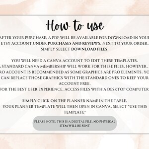 May include: A digital download instruction guide for a planner template. The guide explains how to download the PDF file, access the template in Canva, and use a desktop computer for the best user experience. The text also notes that the product is a digital file and no physical item will be sent.