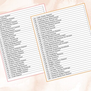 May include: A list of printable planner and journal titles, including self-care, manifestation, goal setting, and more. The list is divided into two columns, with the left column titled "Self-Care Planner" and the right column titled "Side Hustle Planner".
