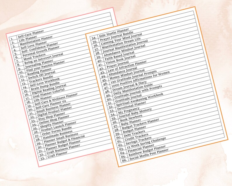 May include: A list of printable planner and journal titles, including self-care, manifestation, goal setting, and more. The list is divided into two columns, with the left column titled "Self-Care Planner" and the right column titled "Side Hustle Planner".