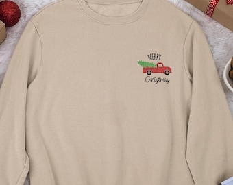 Embroidered Red Truck Christmas Sweatshirt, Retro Holiday Crewneck, Winter Tree Pullover