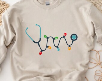 Nurse Christmas Sweatshirt, Stethoscope Holiday Lights Crewneck