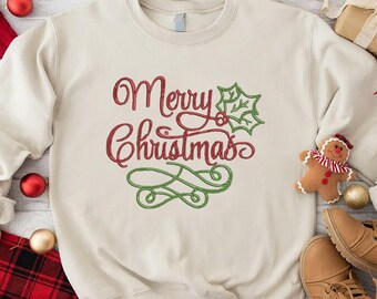 Embroidered Merry Christmas Sweatshirt, Festive Leaf Design, Holiday Apparel
