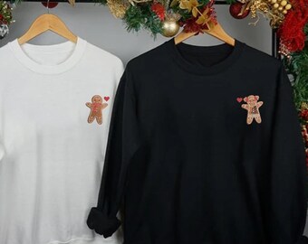 Embroidered Gingerbread Christmas Sweatshirt, Couple Holiday Cookie Crewneck