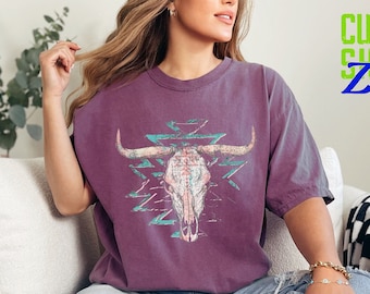 Boho Cow Skull Shirt,Comfort Colors®,Western Graphic Tee,Bull Skull Shirt,Cowgirl Tshirt,Cowboy Shirt,Country Girl Shirt,Western Clothing
