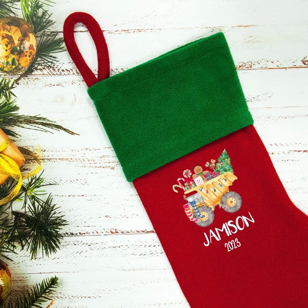 Personalized Boys Stocking for Christmas Gift,Kids Stockings,Custom Tractor Stocking, Custom Boys Construction Stocking, Xmas Boy Dump Truck