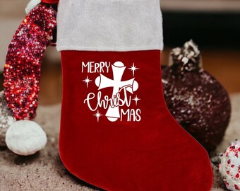 Christian Cross Christmas Stocking, Merry Christ-mas Faith Based Holiday Decor