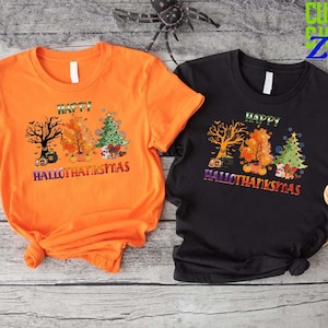 Happy Hallothanksmas Shirt, Halloween Thanksgiving Christmas Trees Shirt, Holiday Season Gift, Thanksgiving Shirt, Fall T-shirt, Autumn Tee