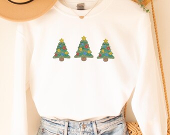 Embroidered Christmas Tree Sweatshirt, Woman Holiday Crewneck
