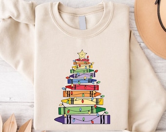 Crayon Christmas Tree Sweatshirt, Rainbow Christmas Lights Crewneck