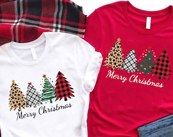 Ladies Merry Christmas Shirt,Women Christmas Gift, Leopard Christmas Tree, Women&#39;s Holiday Shirt, Cute Christmas Shirt, Plaid Christmas Tree