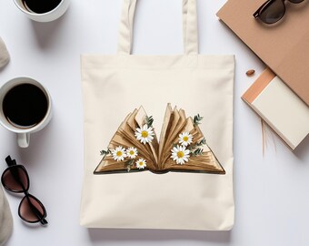 Floral Book Canvas Tote Bag, Daisy Wildflower Botanical Design, Reusable Cotton Shoulder Bag